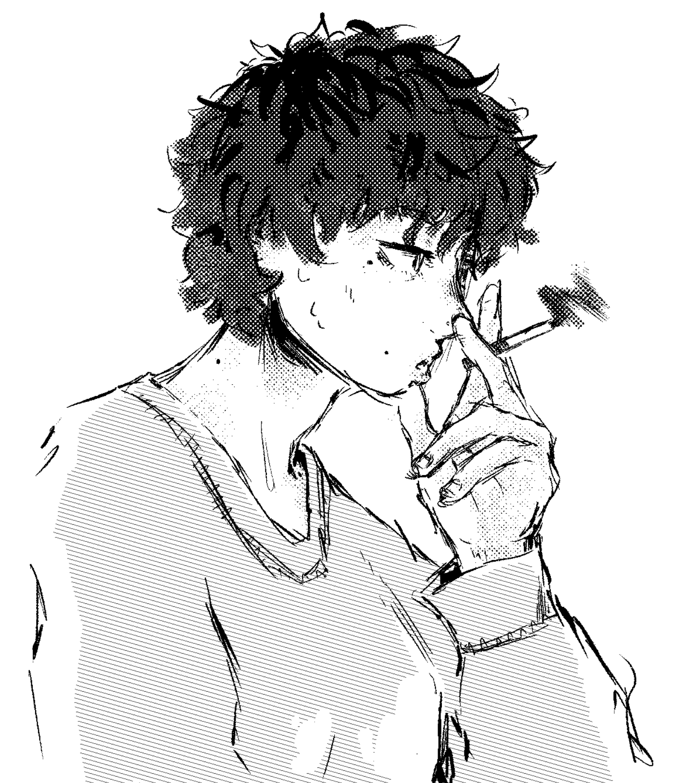 person with dark short wavy hair smoking a cigarette and sweating a little bit